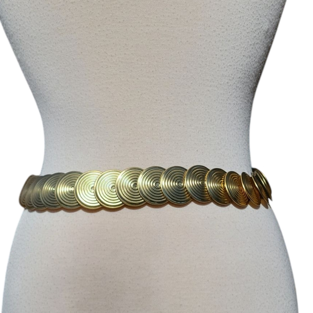 Vintage Gold Tone Disc Stretch Belt | Mod Disco Glam Statement Waist Belt - Picture 11 of 12